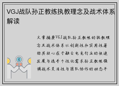 VGJ战队孙正教练执教理念及战术体系解读